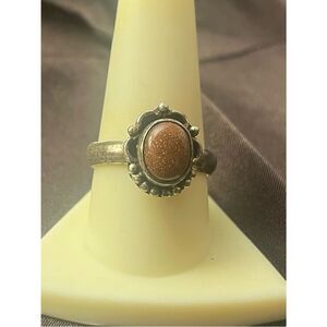 Size 9 - Goldstone Oval Silver Ring - Women's Brown Glitter Stone Jewelry